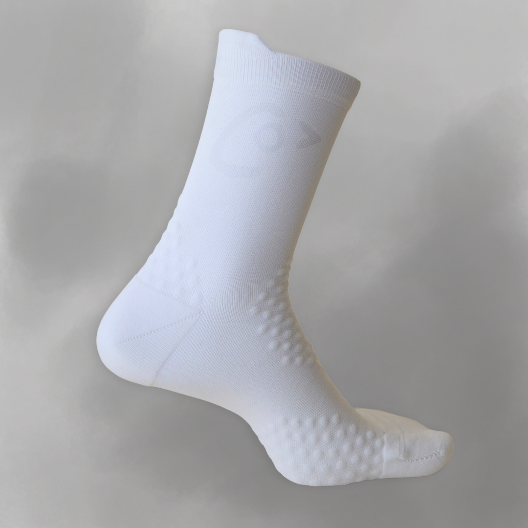 inside profile of courier HiFi white sock with kereru bird logo