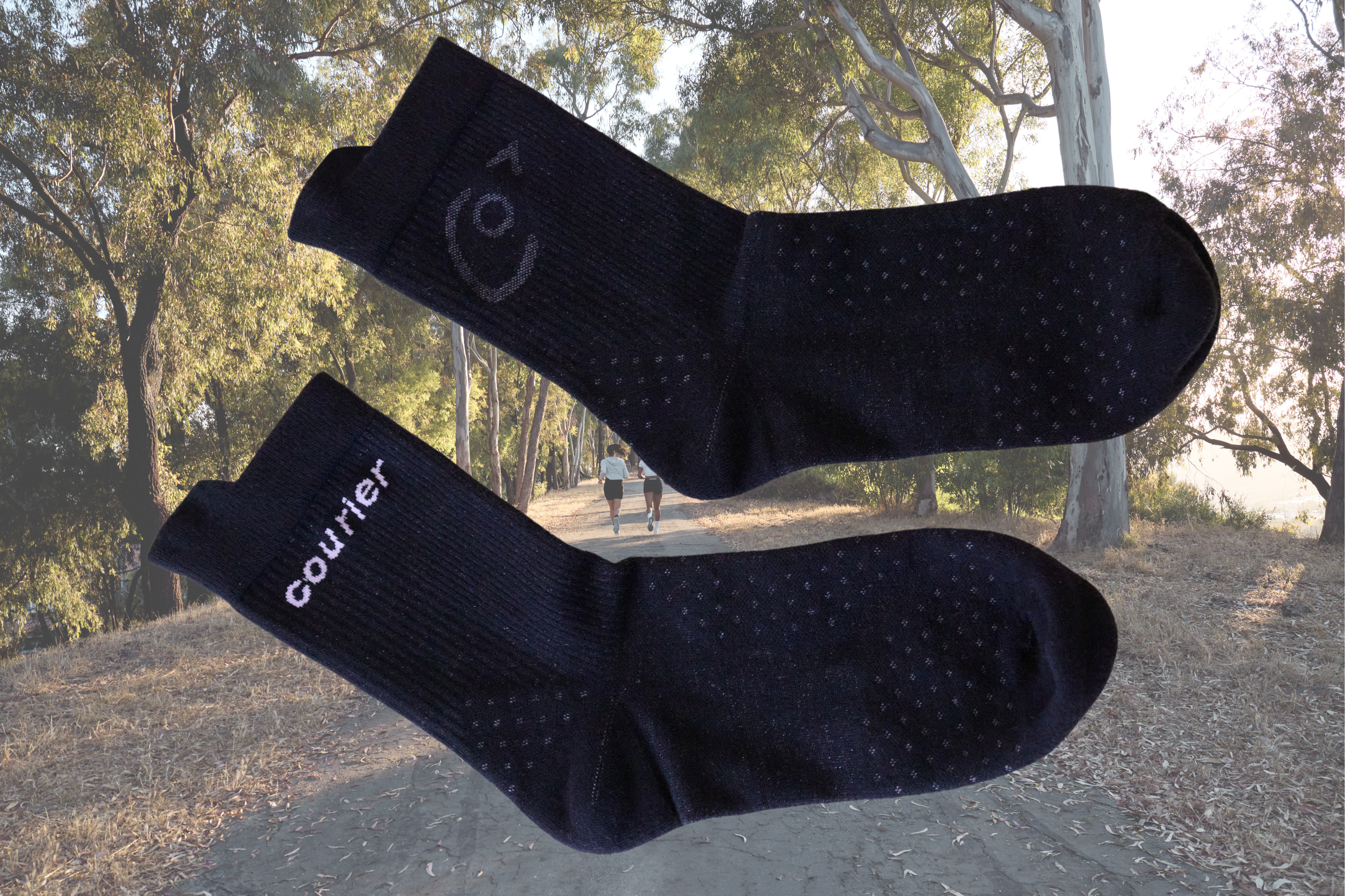 Courier LoFi black socks laying flat on background to showcase FlowPOCKET technology superimposed on background with women running on a trail