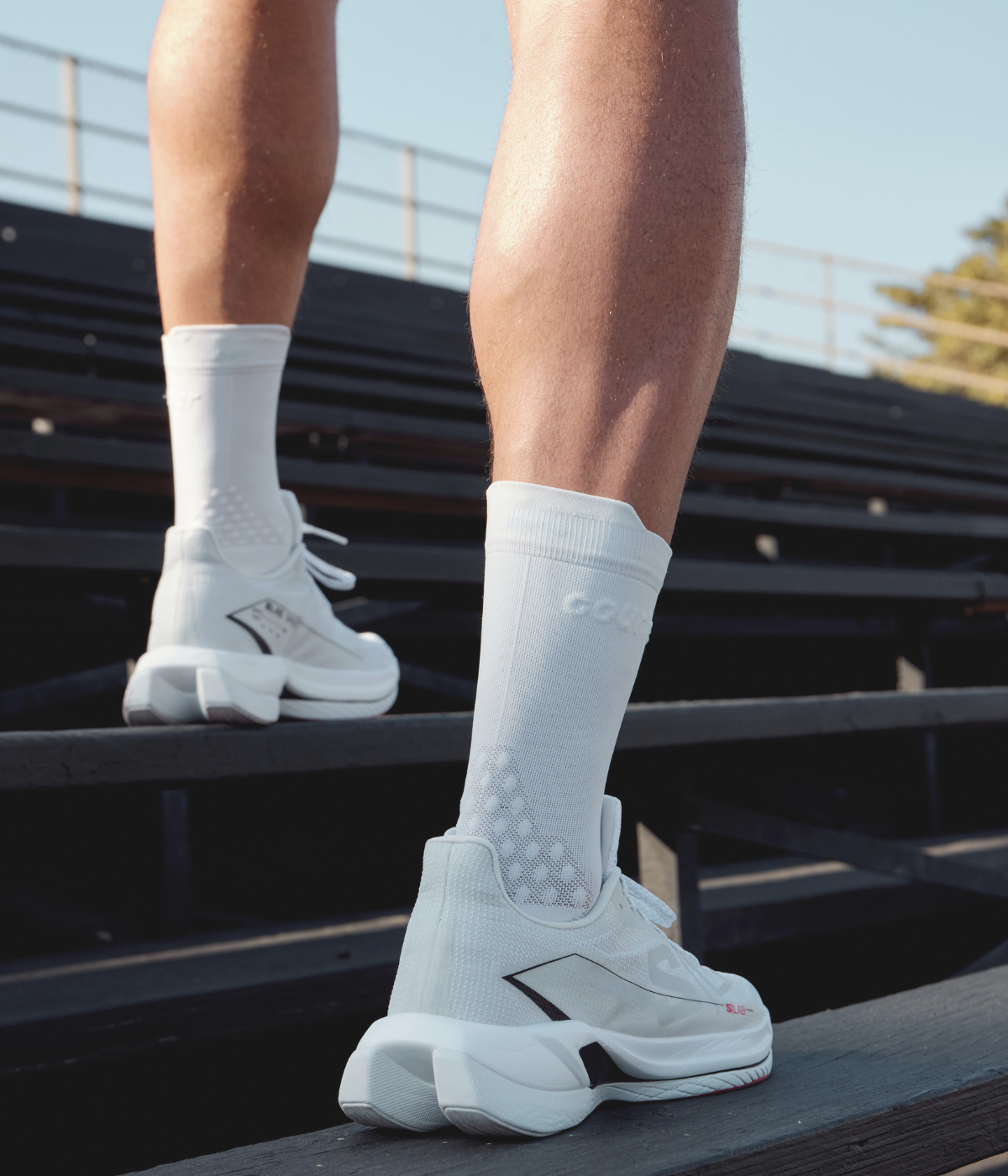 HiFi white socks on runner on steps